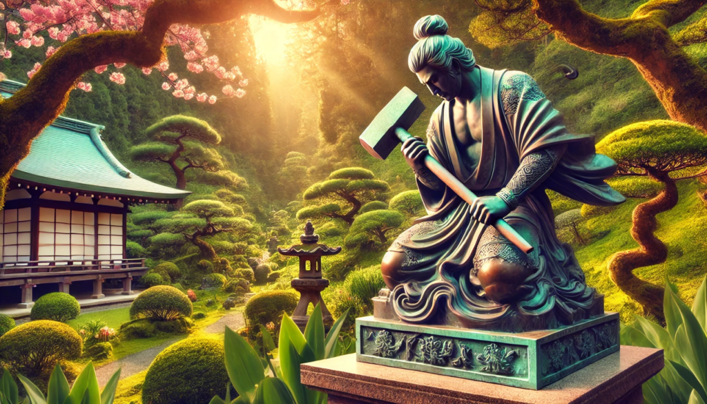 ikoku with hammer japanese bronze sculpture