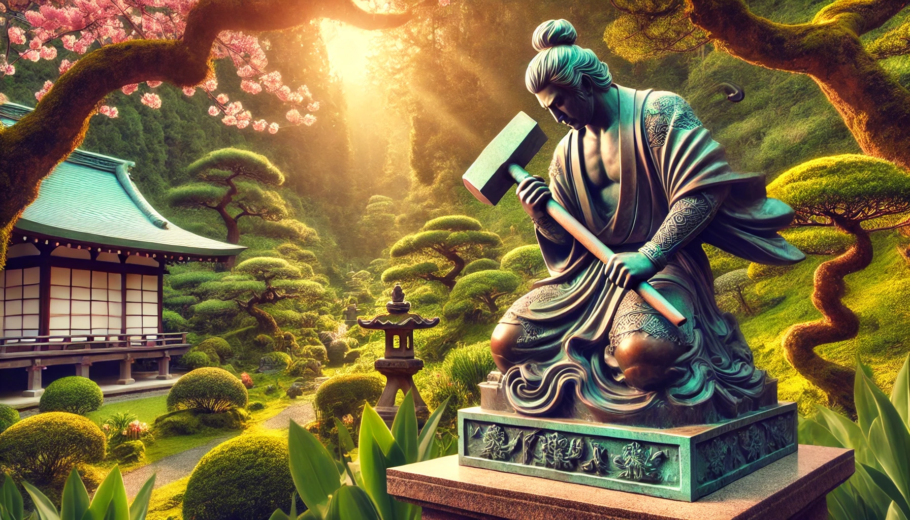 ikoku with hammer japanese bronze sculpture